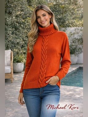 Michael Kors Orange Cable Knit Turtleneck 100%cotton Sweater Size L